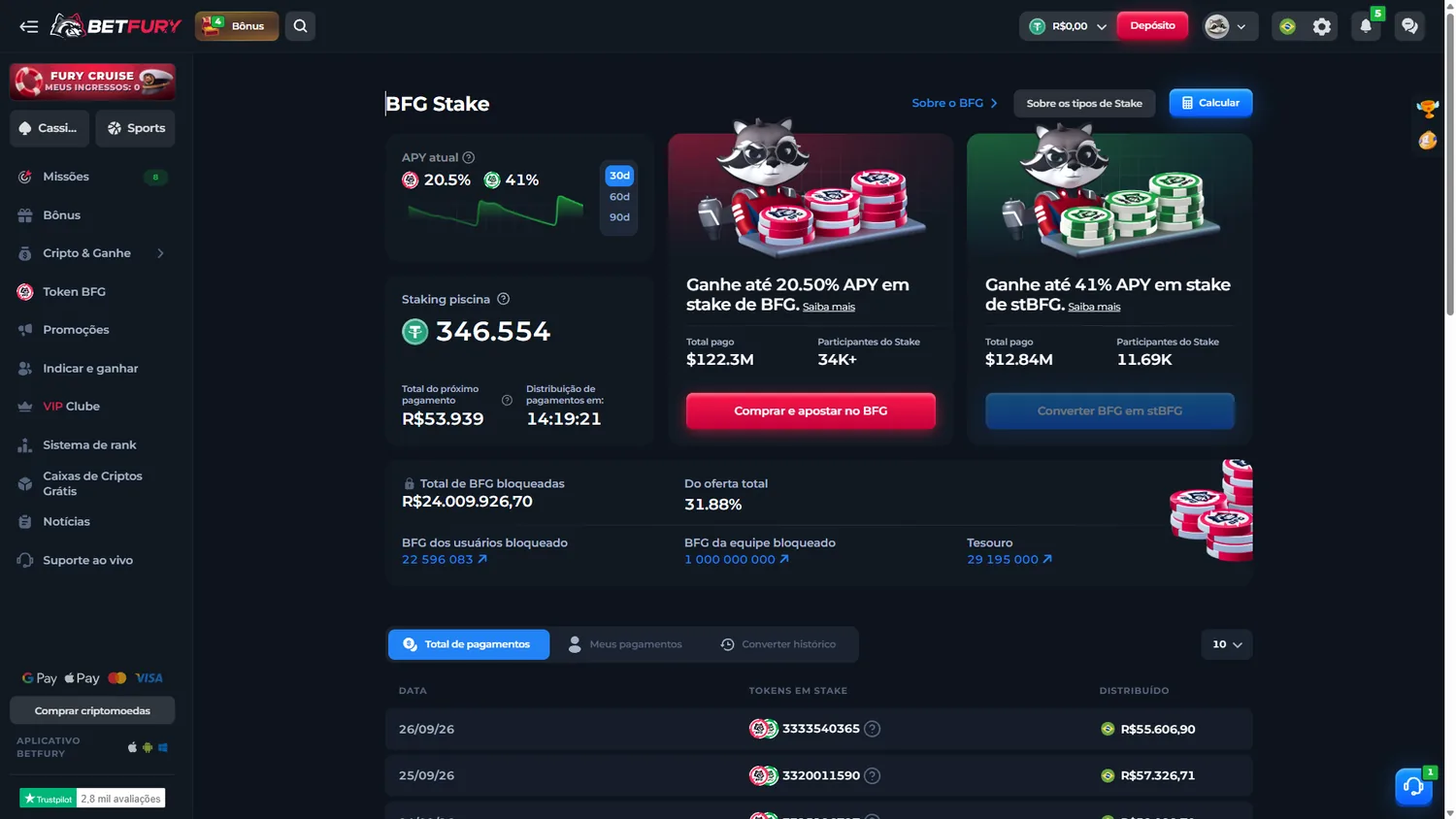 Tela BetFury BFG Stake mostrando BFG, stBFG, pool e APY dinâmico