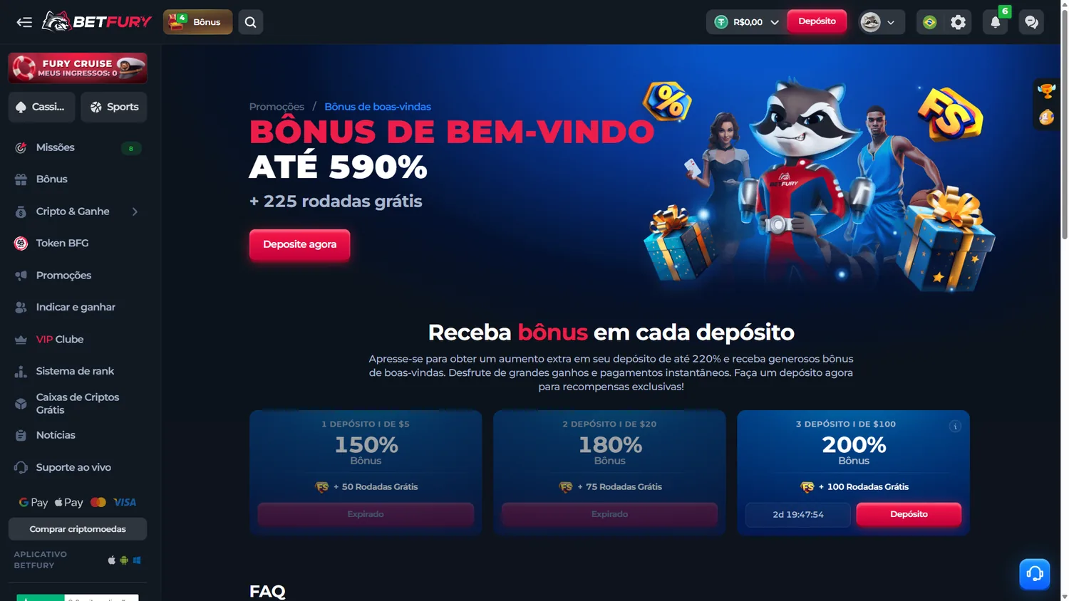 Página BetFury de bônus de boas-vindas em português mostrando até 590% e 225 rodadas grátis