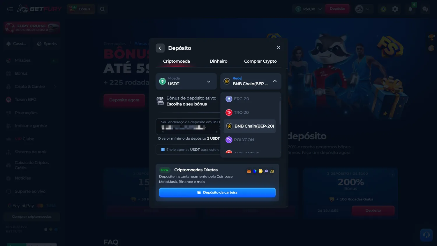 BetFury em pt-BR mostrando USDT e seleção de redes no depósito
