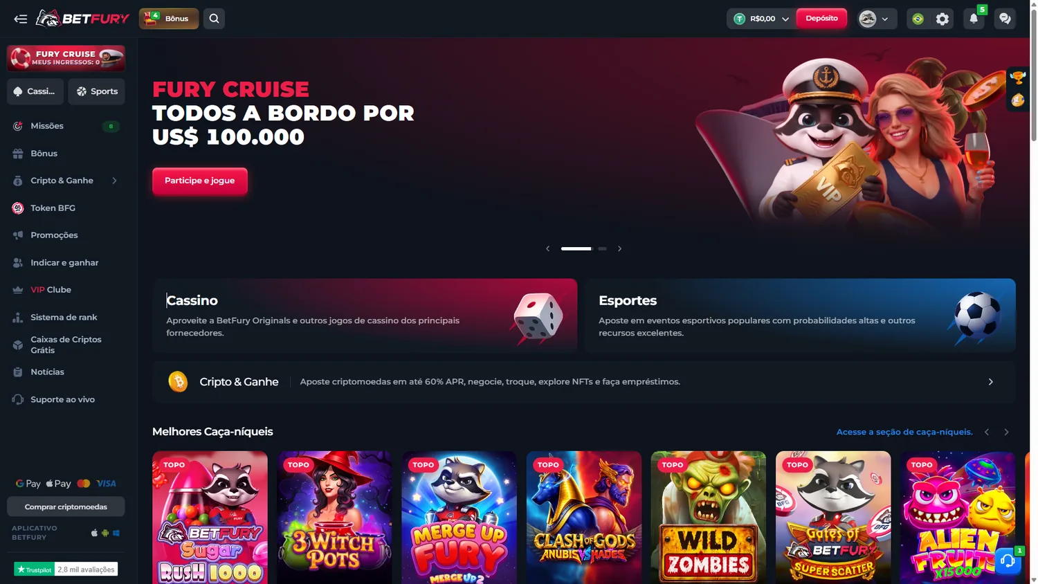 Interface BetFury em português do Brasil com cassino, Sports, bônus, BFG e carteira