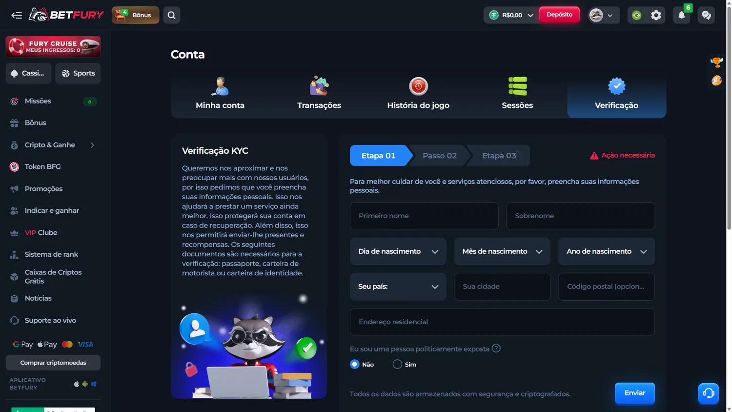 Área KYC da BetFury em pt-BR