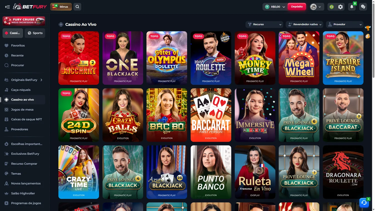 Lobby de cassino ao vivo BetFury em português