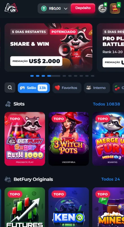 Interface móvel BetFury em português