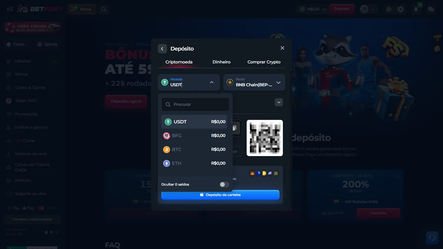 Fluxo BetFury de depósito cripto mostrando endereço e QR