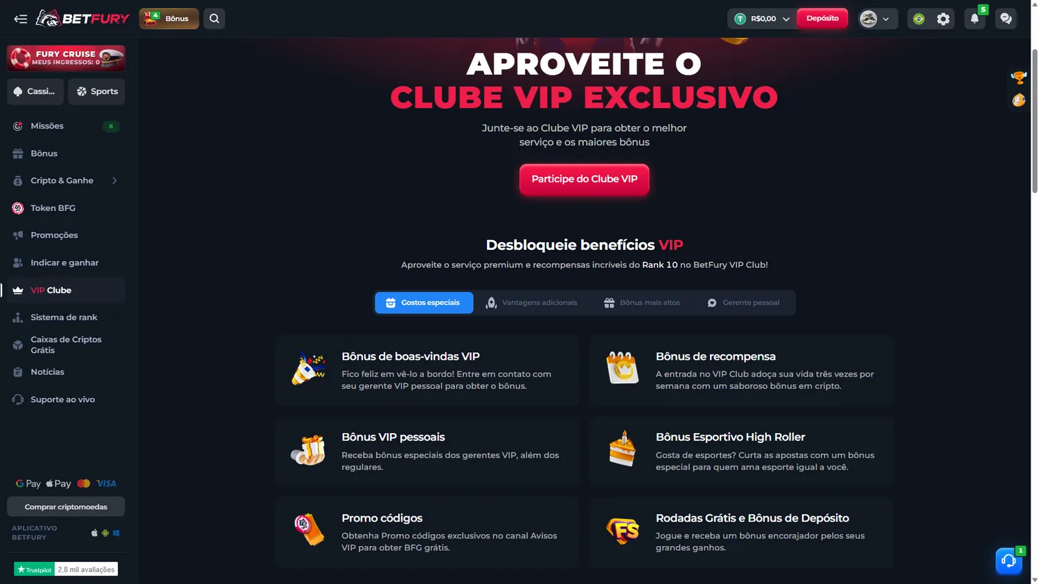 Área BetFury VIP Club em português