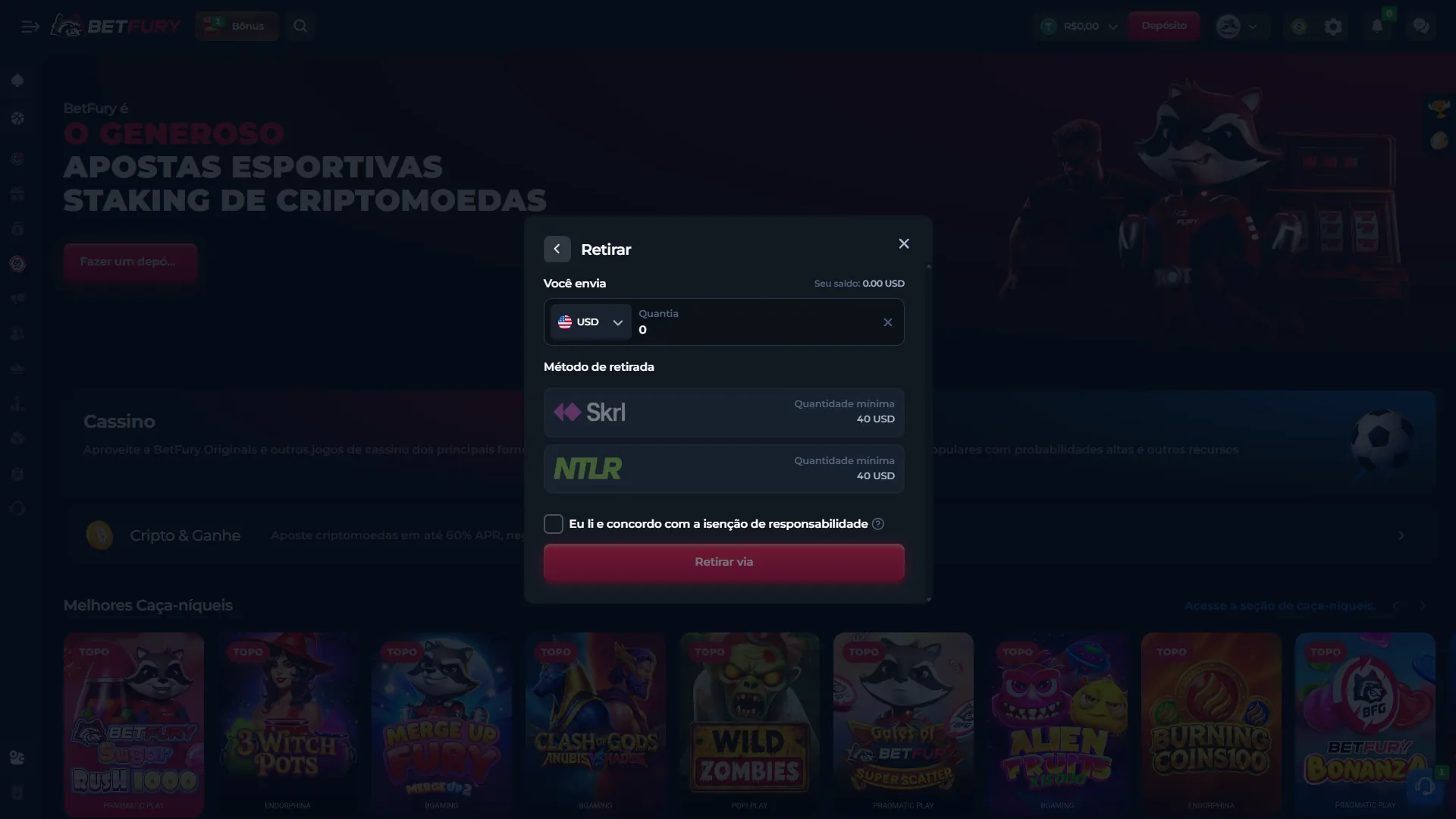 Tela de retirada BetFury em USD mostrando Skrill e Neteller com mínimo de 40 USD