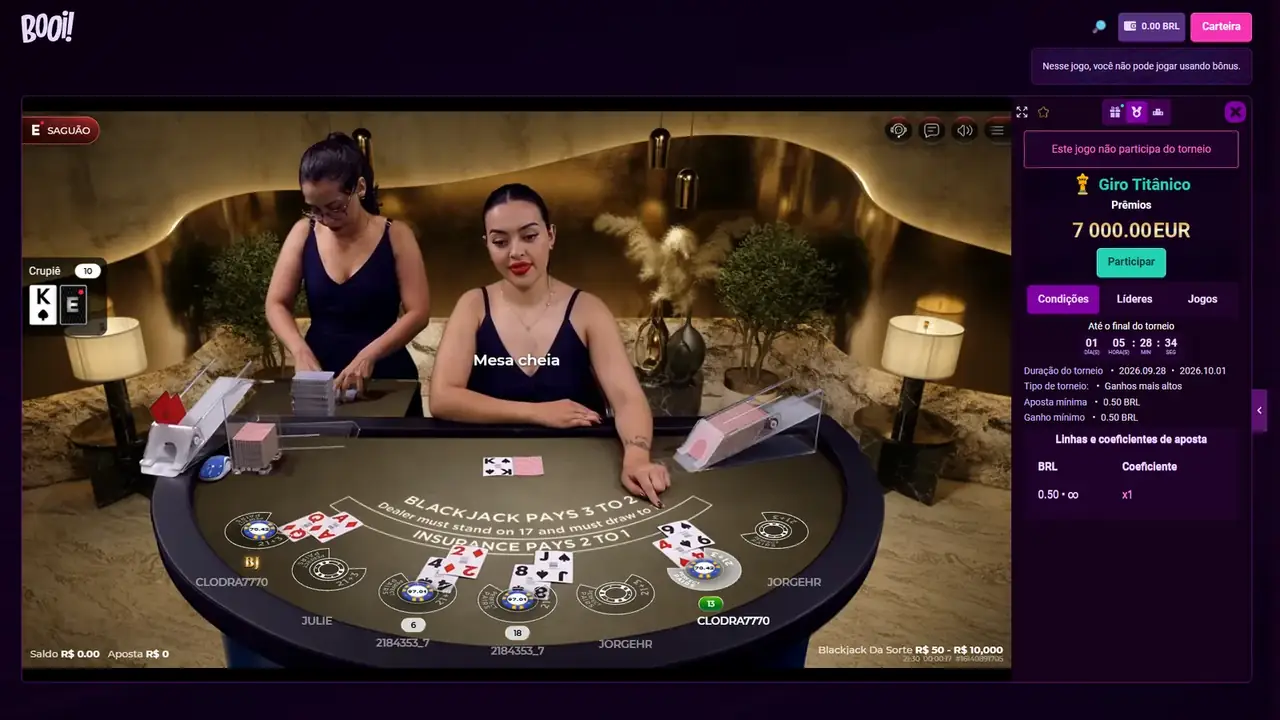 Mesa Blackjack Da Sorte aberta no live casino do Booi