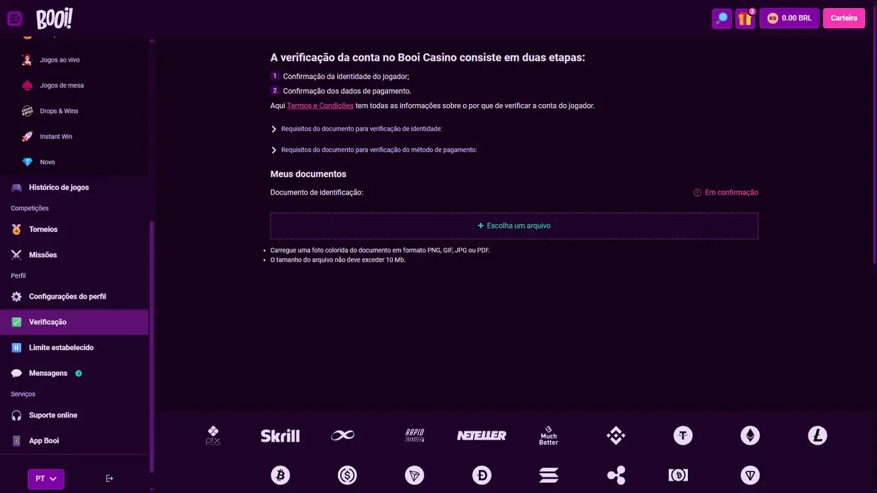 Área de verificação KYC do Booi com etapas de identidade e dados de pagamento