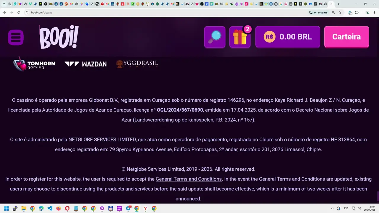 Rodapé do Booi com Globonet BV e licença OGL 2024 367 0690 da Curaçao Gaming Authority