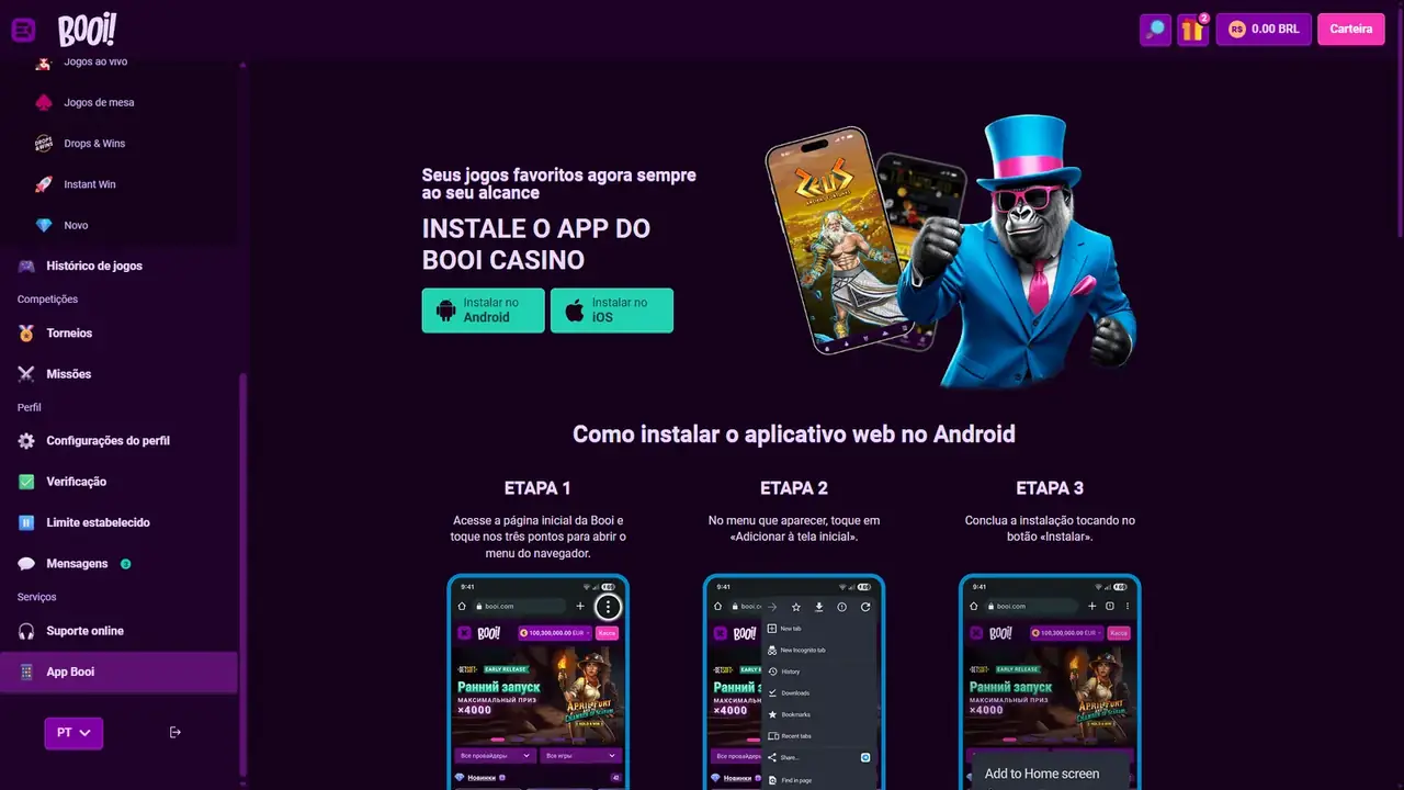 Página App Booi com instruções para instalar a aplicação web no Android e iOS