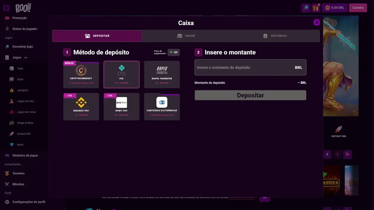 Caixa do Booi com Pix entre os métodos de depósito e valores em BRL