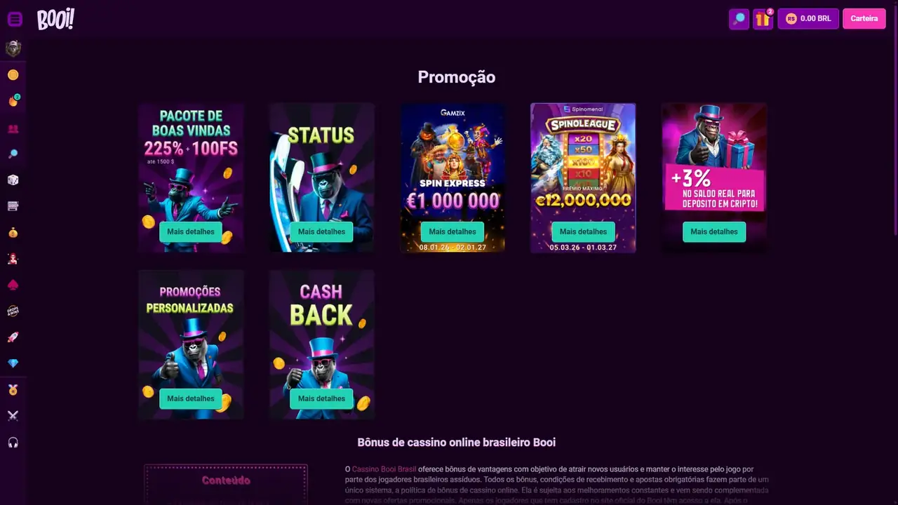 Página de promoções do Booi com pacote de boas-vindas, status, cashback e promoções