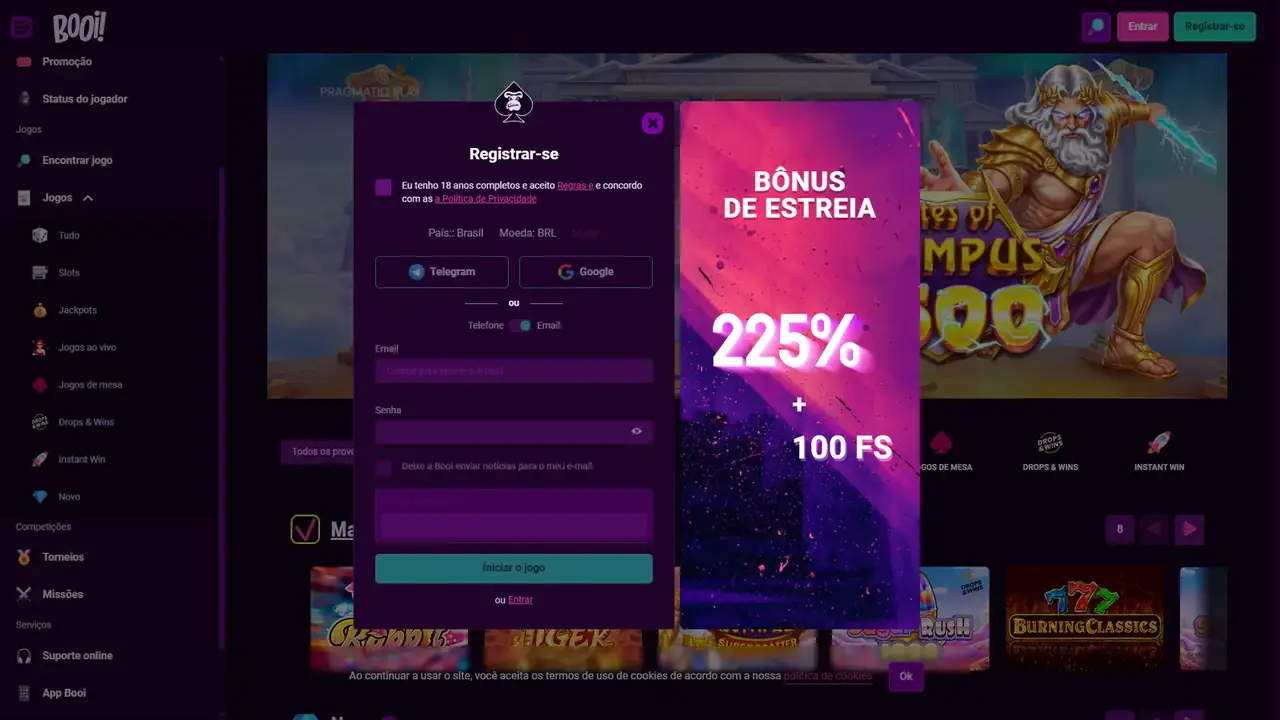 Cadastro do Booi mostrando país Brasil, moeda BRL e bônus de 225% mais 100 free spins