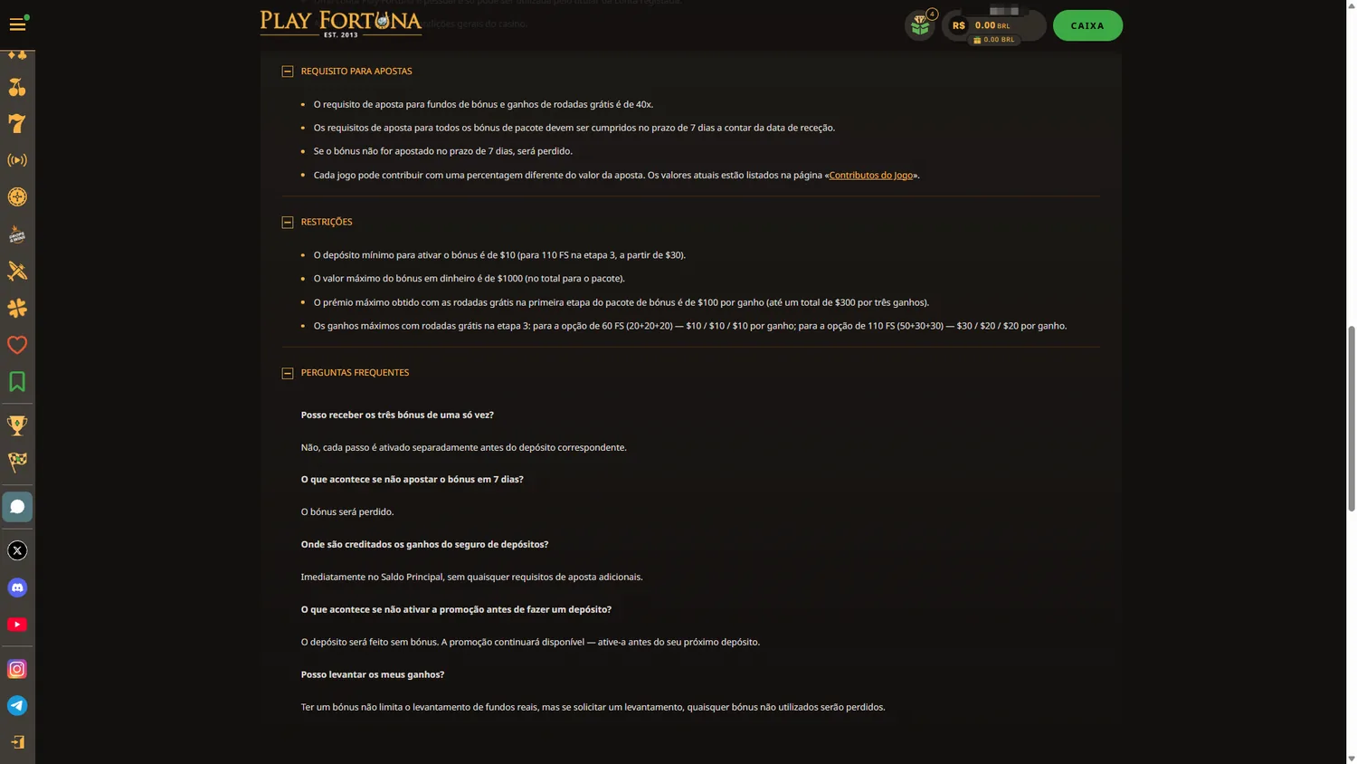 Termos do bônus PlayFortuna mostrando wagering de 40x, prazo de 7 dias e restrições
