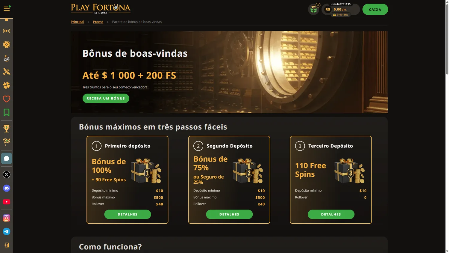 Bônus de boas-vindas PlayFortuna com três depósitos e até 1000 dólares mais 200 free spins