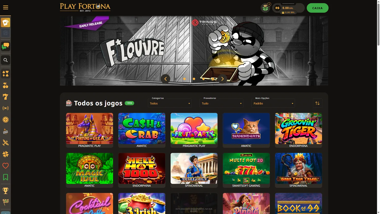 Lobby PlayFortuna em português com slots, jackpots e categorias de cassino