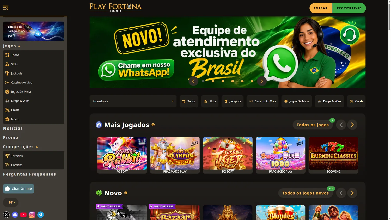 Homepage PlayFortuna em português com campanha de atendimento exclusiva do Brasil via WhatsApp