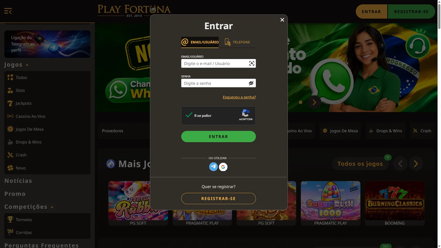 Tela de login PlayFortuna em português com acesso por email, usuário, telefone, Telegram e Google