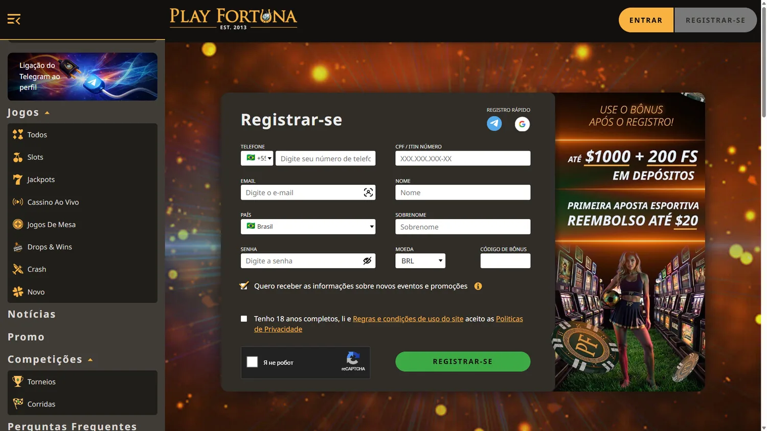 Cadastro PlayFortuna em português com Brasil e BRL disponíveis