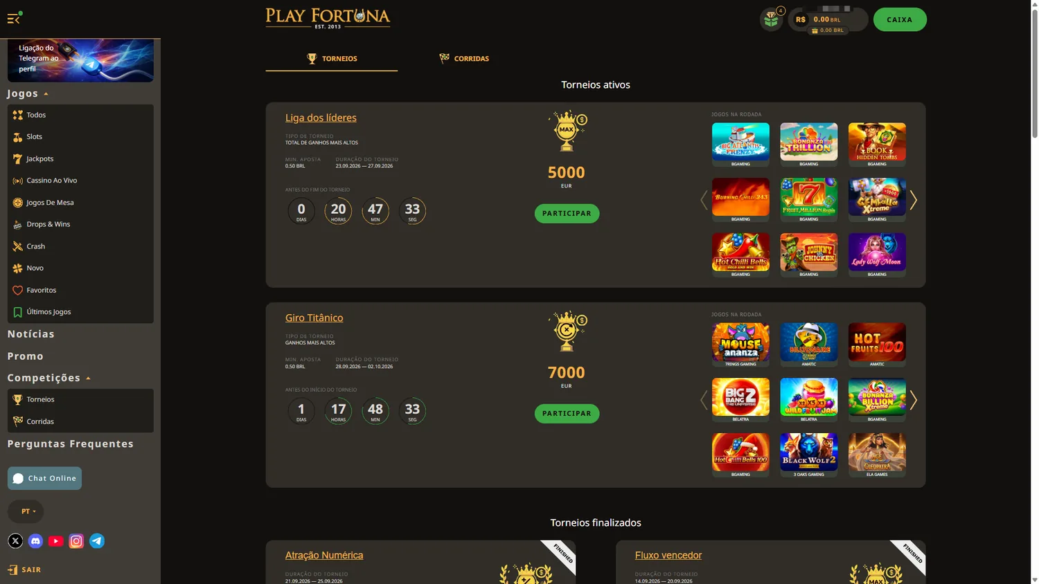 Torneios PlayFortuna em português com prêmios, jogos elegíveis e contagem regressiva