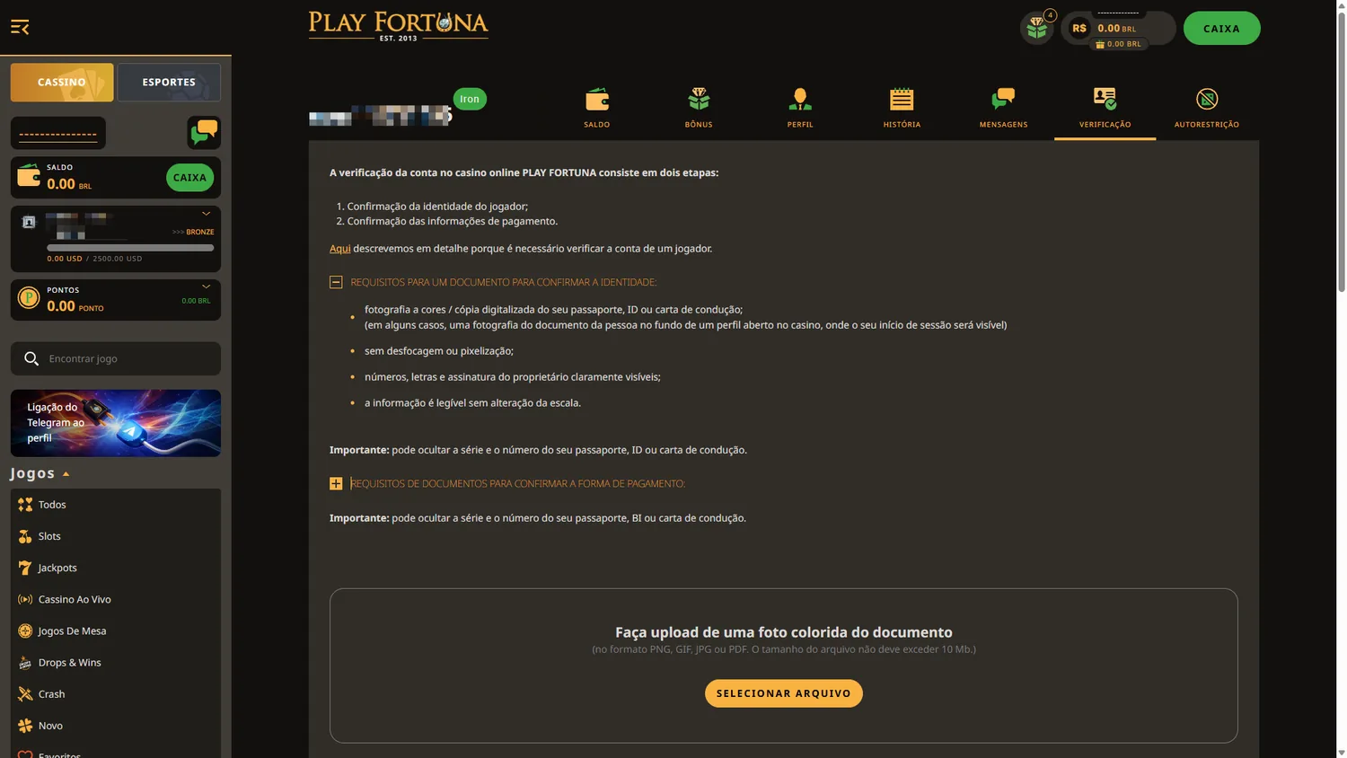 Área de verificação PlayFortuna em português com confirmação de identidade e informações de pagamento