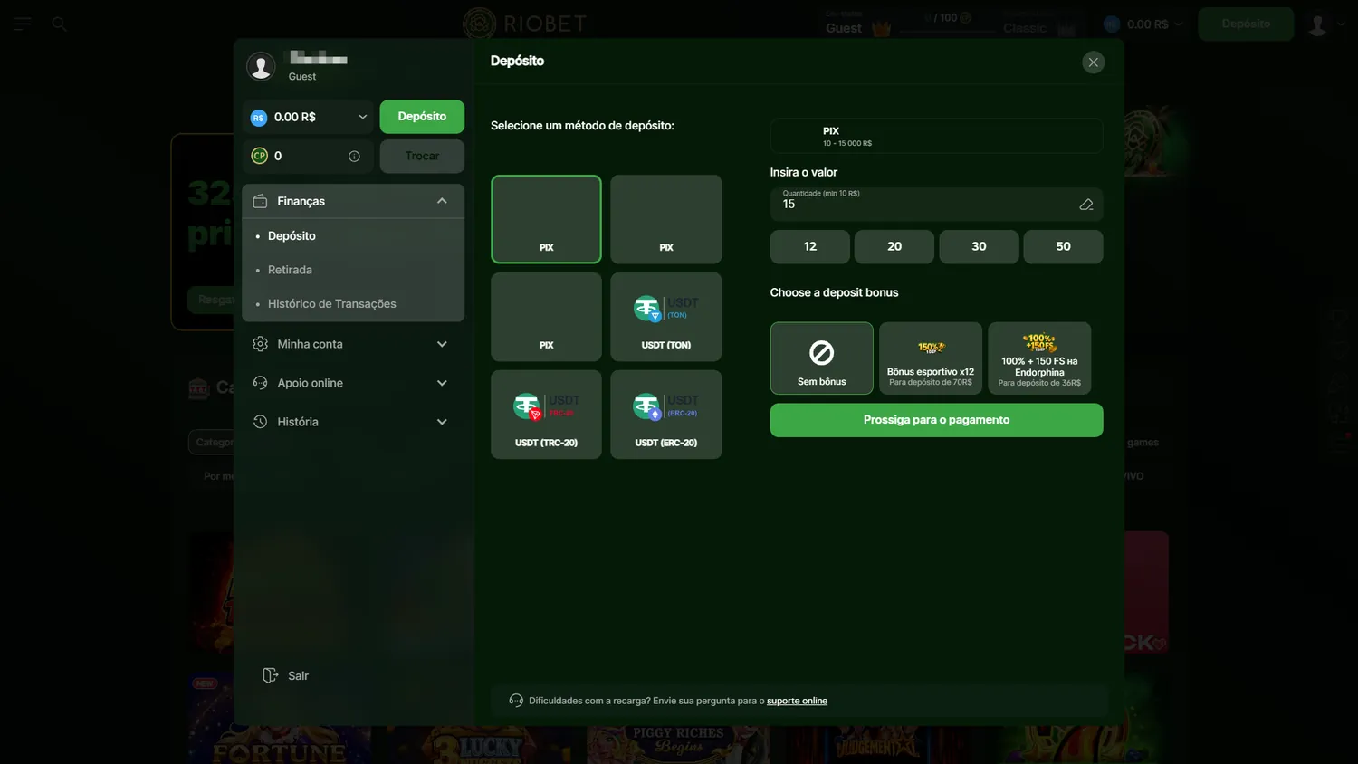 Riobet em pt-BR mostrando Pix e USDT em TON, TRC-20 e ERC-20