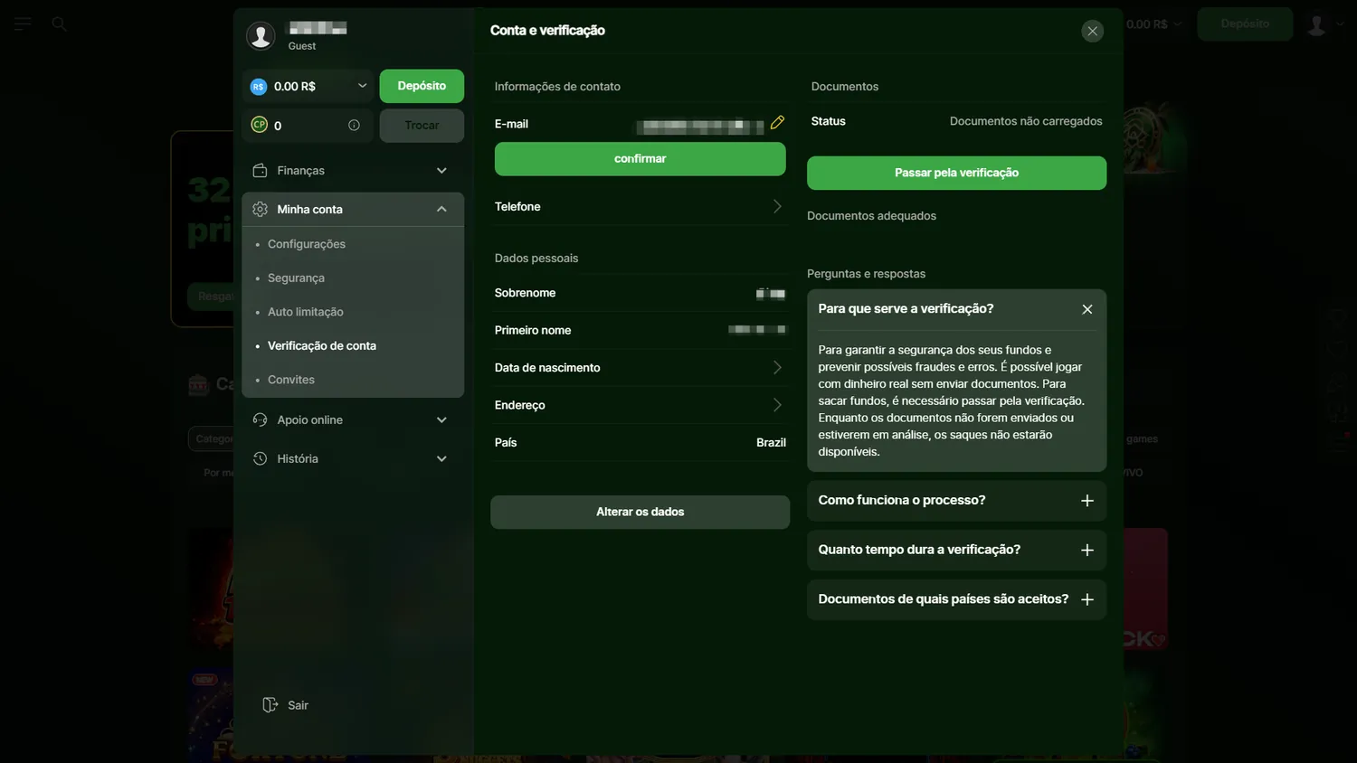 Área de verificação da conta Riobet mostrando Brazil