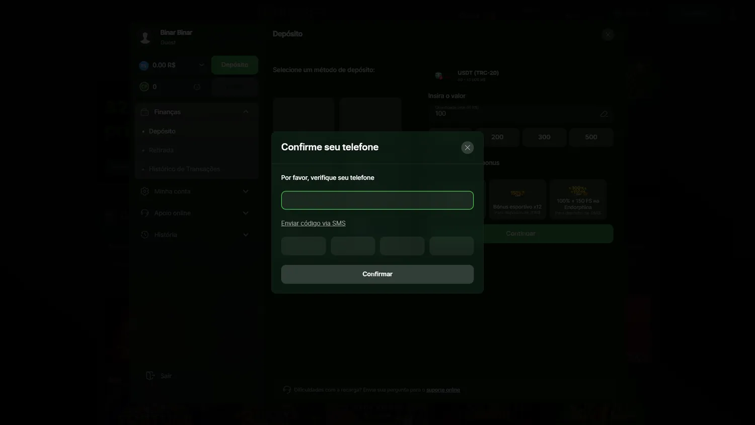 Riobet pedindo confirmação de telefone no fluxo USDT