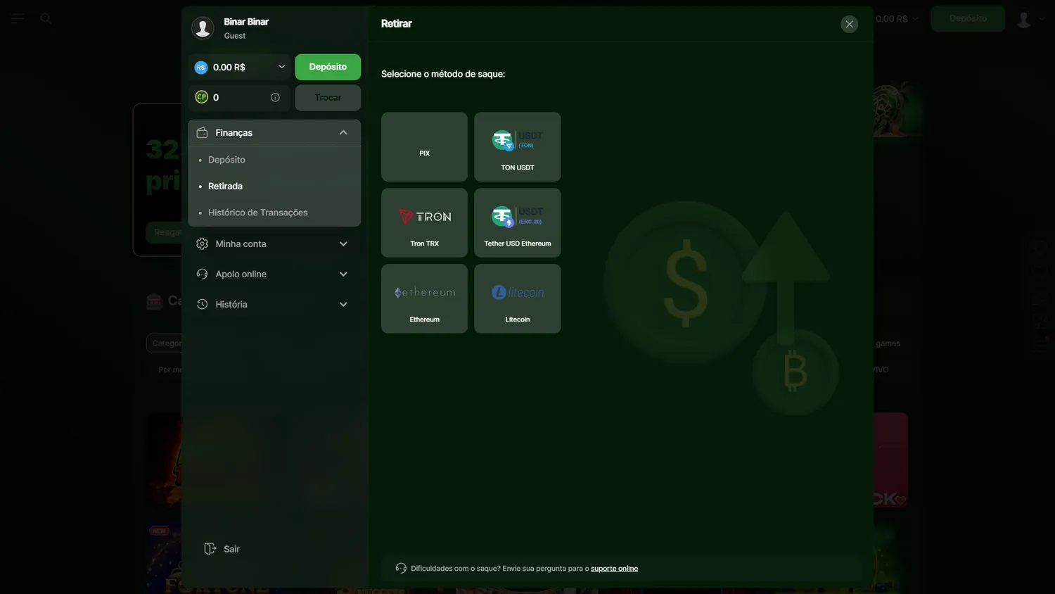 Riobet mostrando Pix e métodos de saque em criptomoedas
