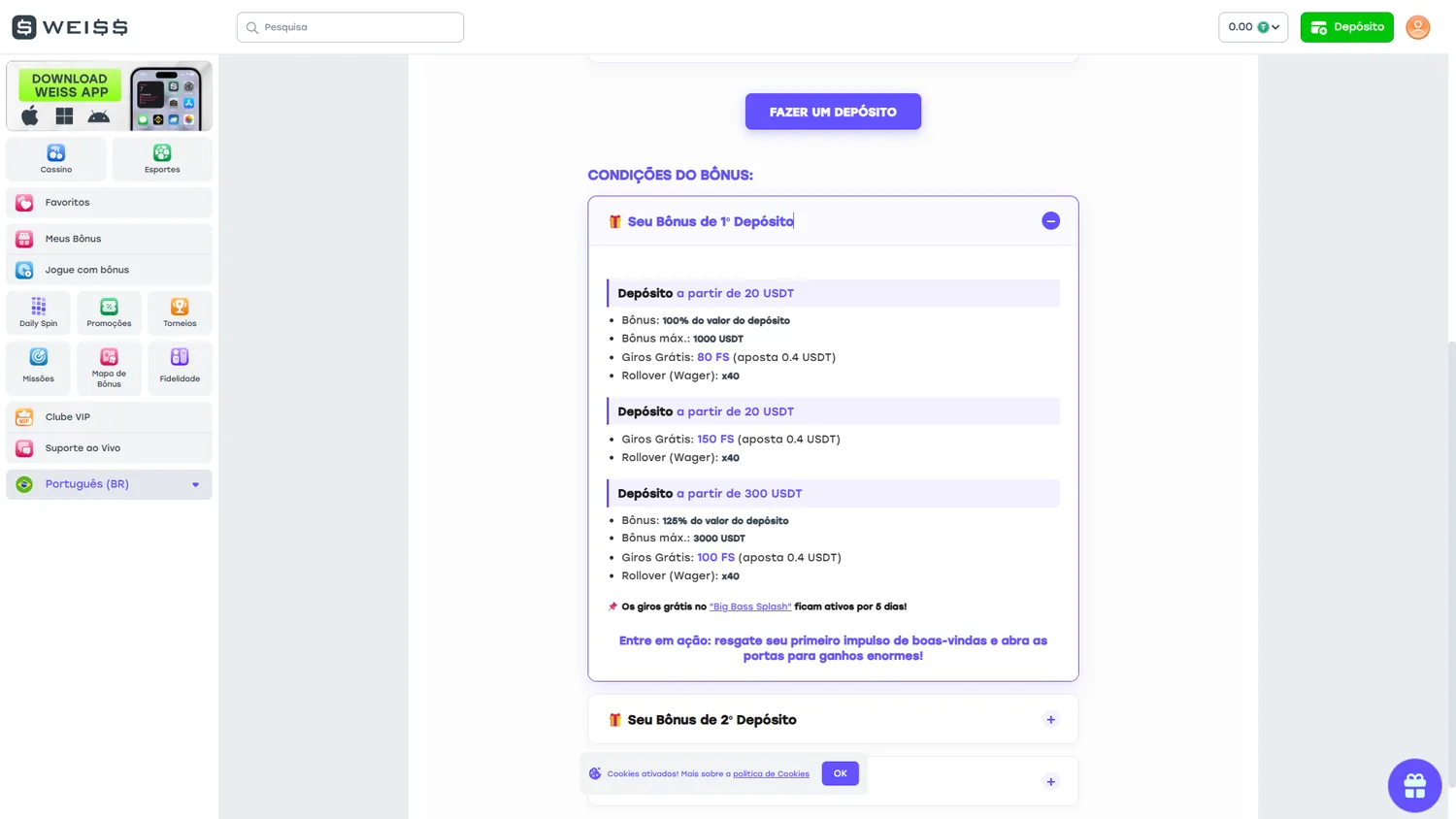Termos do primeiro bônus de depósito Weiss mostrando percentual, free spins e wagering