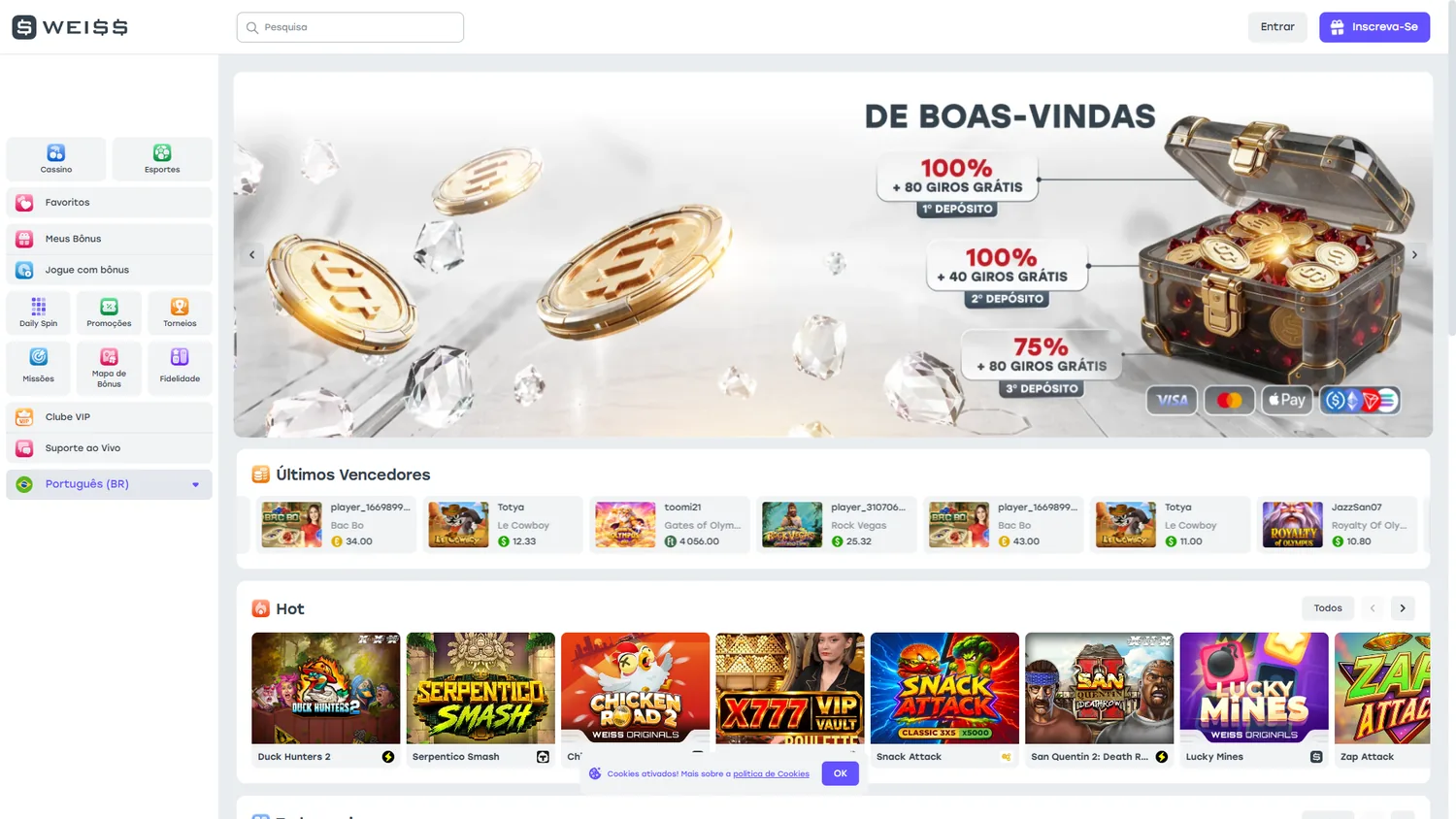 Home Weiss em português com áreas de cassino e promoções
