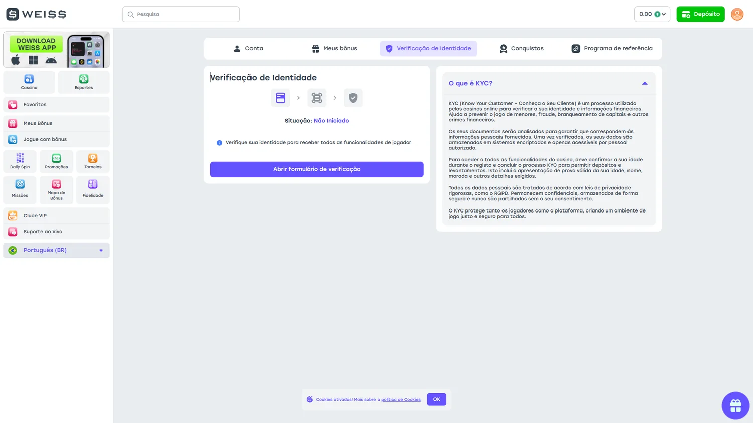 Weiss com verificação de identidade não iniciada