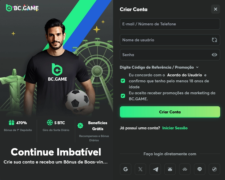 Página de cadastro e registro rápido no BC.Game cassino online para jogadores do Brasil