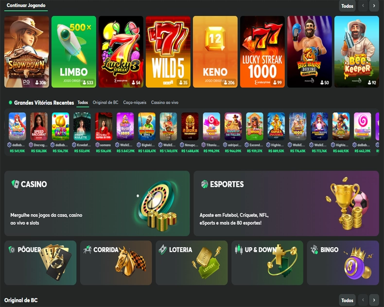 Jogos exclusivos BC Originals no BC.Game incluindo Crash, Plinko e Limbo