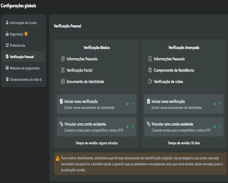 Processo de verificação de conta KYC no BC.Game para segurança